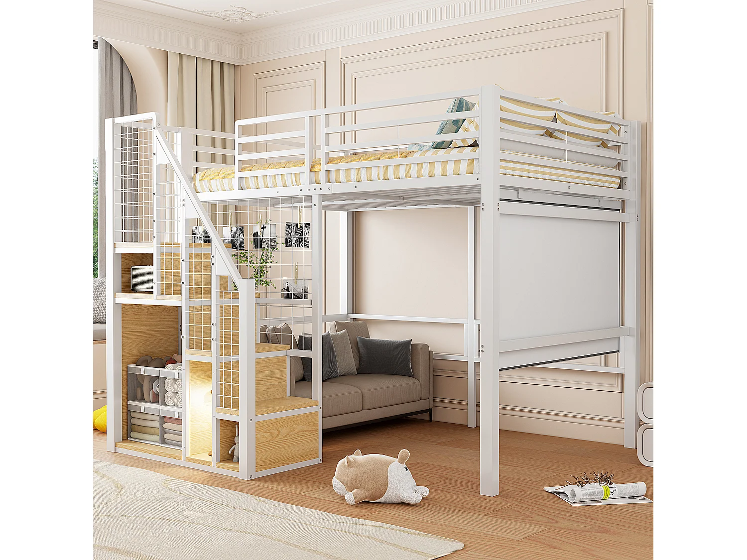 Lit mezzanine pour enfant - 140 x 200 cm - structure en fer - avec escalier de rangement et de sécurité - métal - blanc