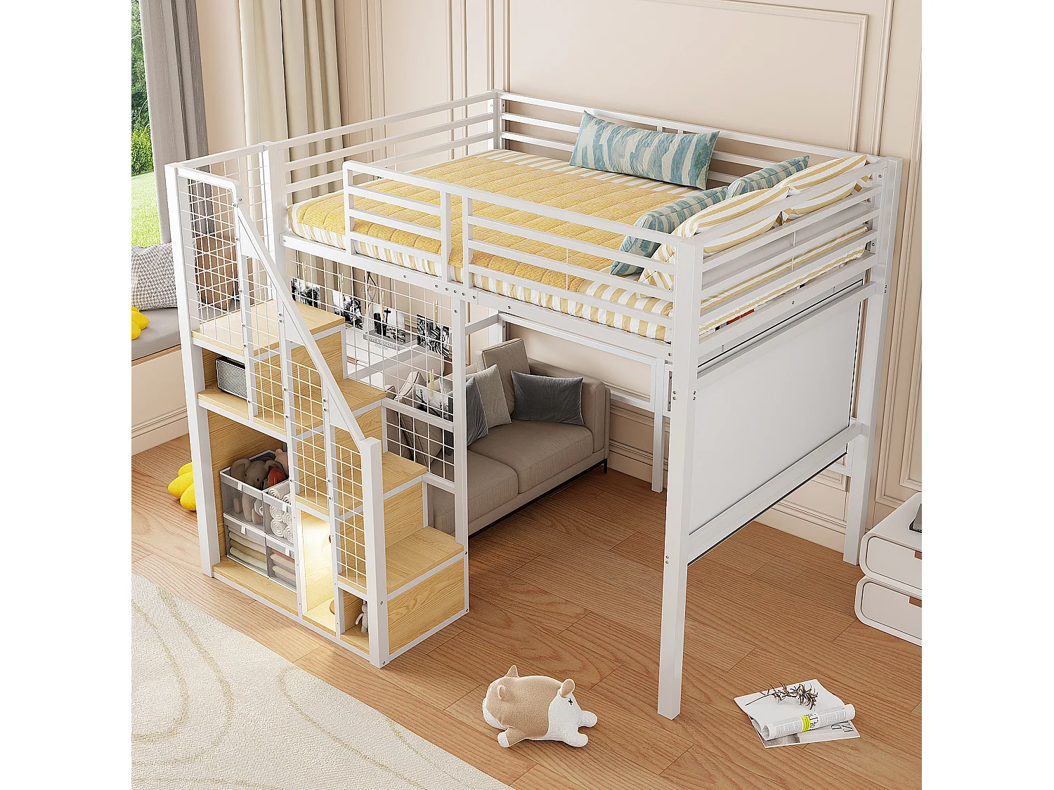 Lit mezzanine pour enfant - 140 x 200 cm - structure en fer - avec escalier de rangement et de sécurité - métal - blanc