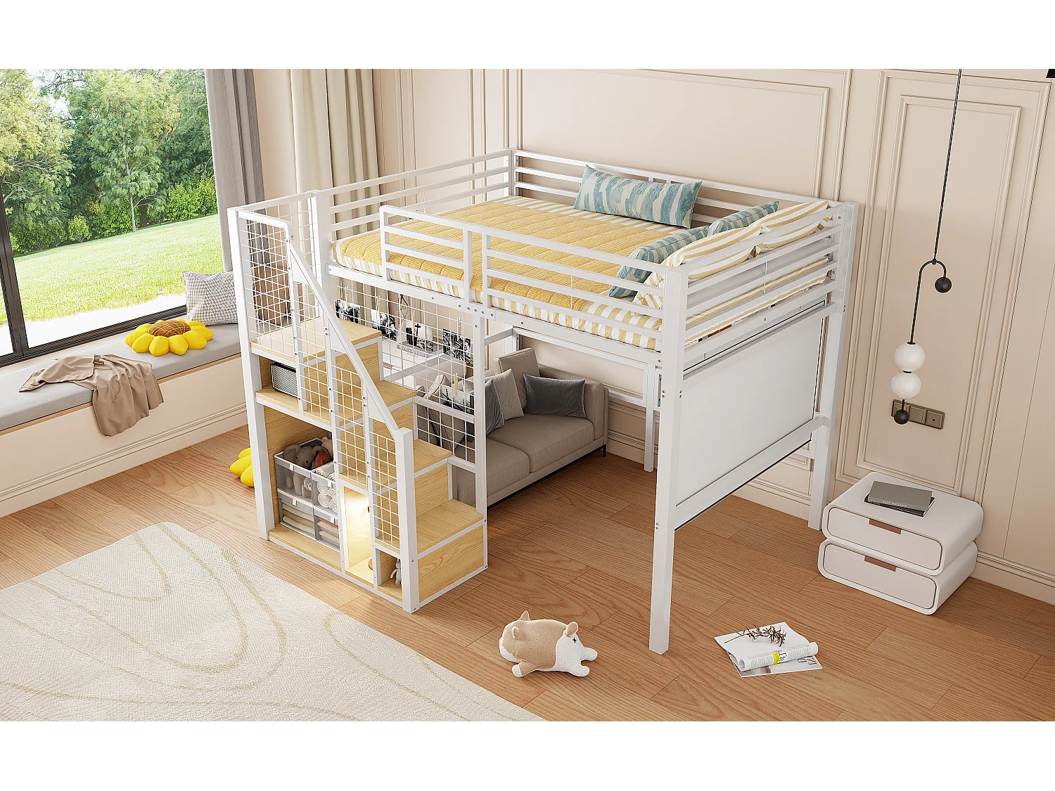 Lit mezzanine pour enfant - 140 x 200 cm - structure en fer - avec escalier de rangement et de sécurité - métal - blanc