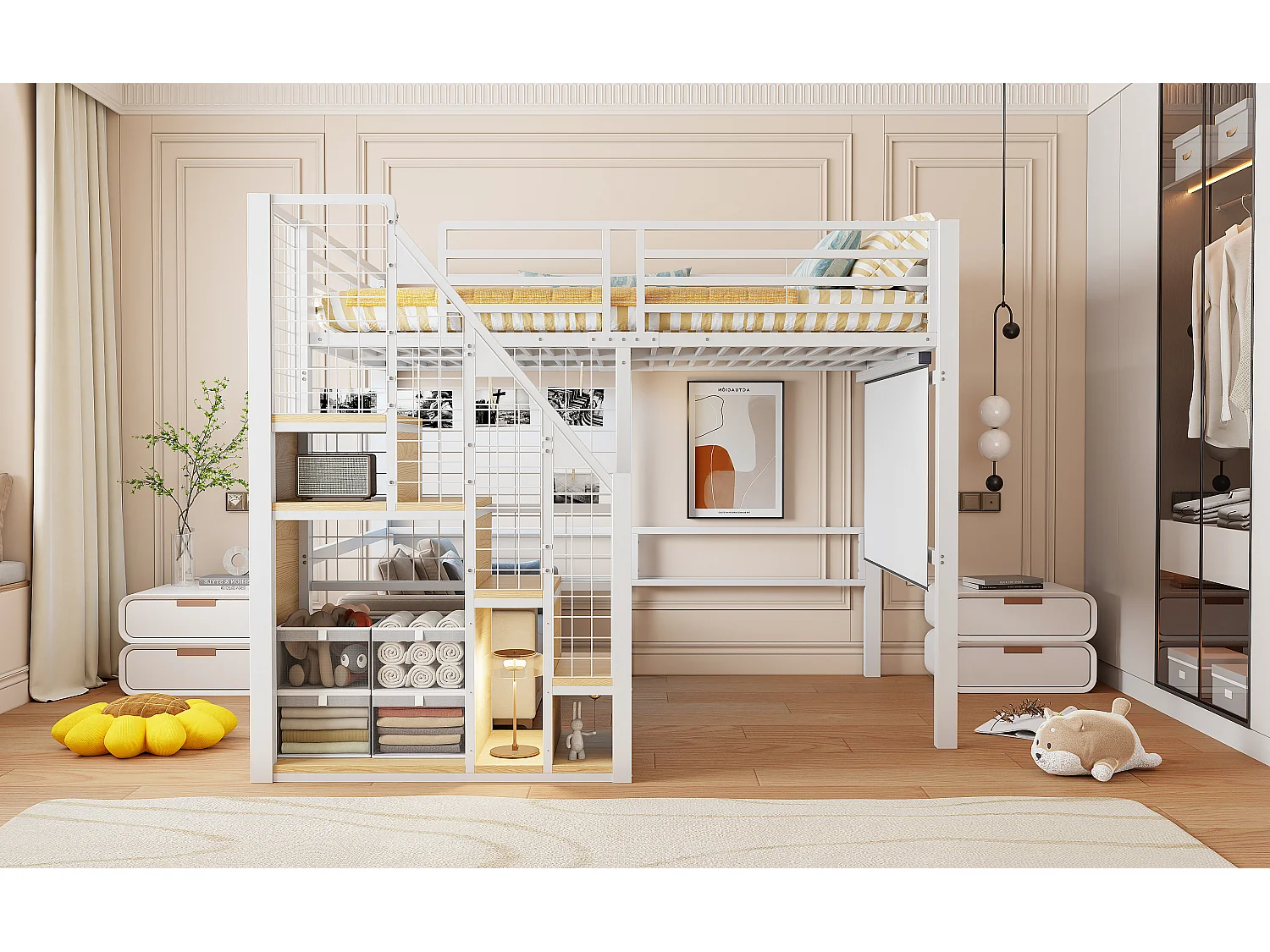 Lit mezzanine pour enfant - 140 x 200 cm - structure en fer - avec escalier de rangement et de sécurité - métal - blanc