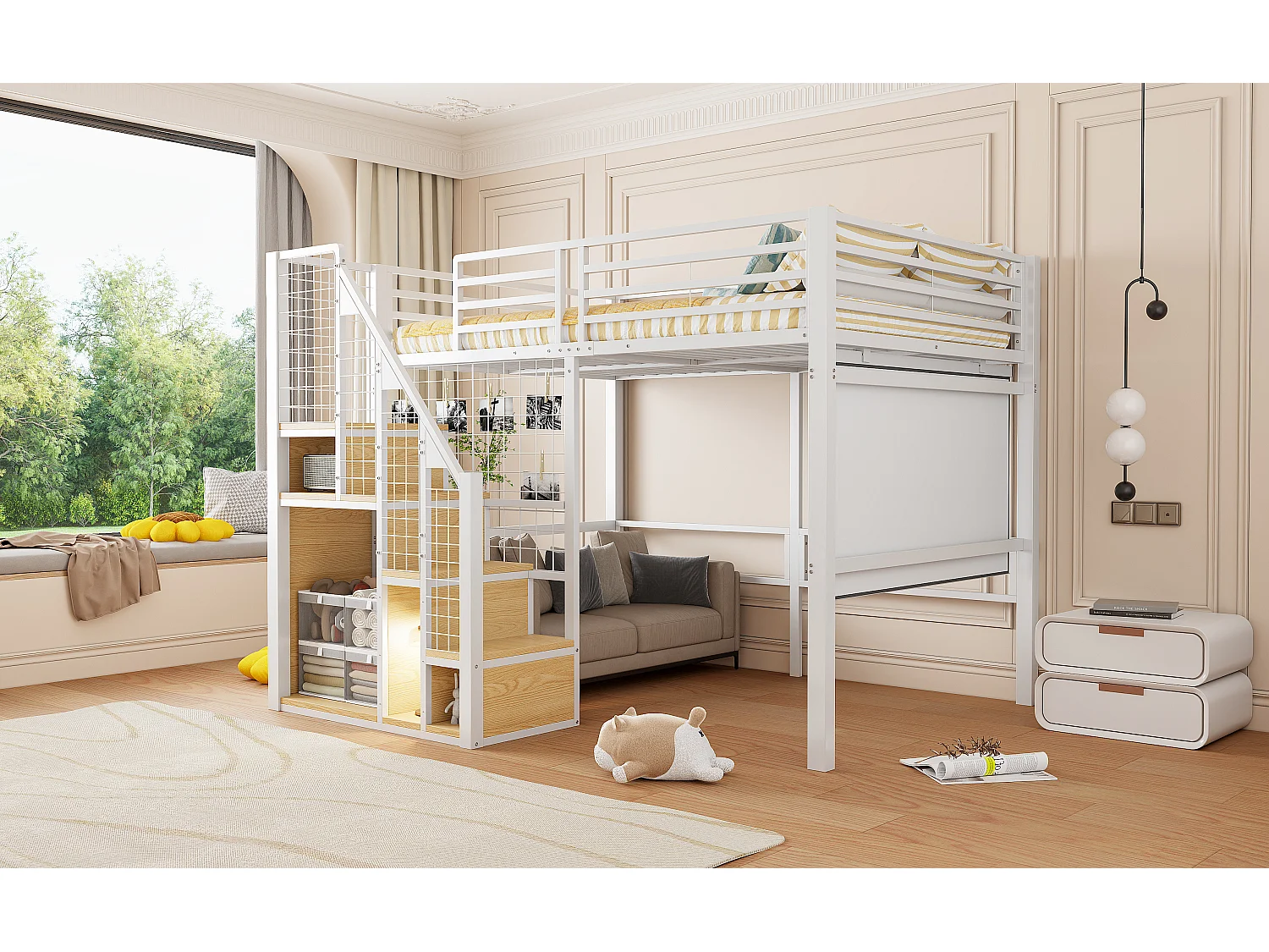 Lit mezzanine pour enfant - 140 x 200 cm - structure en fer - avec escalier de rangement et de sécurité - métal - blanc