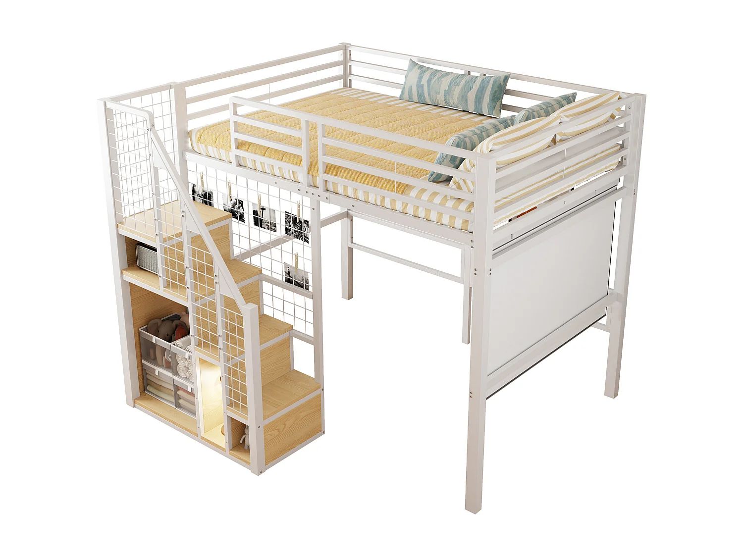 Lit mezzanine pour enfant - 140 x 200 cm - structure en fer - avec escalier de rangement et de sécurité - métal - blanc