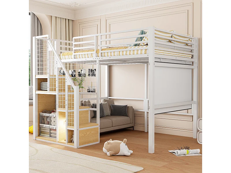 Lit mezzanine pour enfant - 140 x 200 cm - structure en fer - avec escalier de rangement et de sécurité - métal - blanc