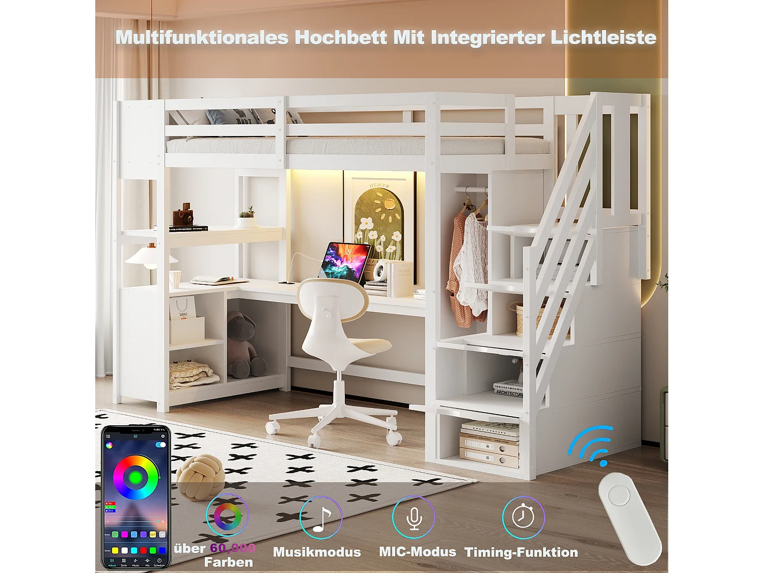 Lit mezzanine en bois enfant - 90 x 200 cm - avec armoire + bureau + armoire + étagère + escalier de rangement + Leds - blanc