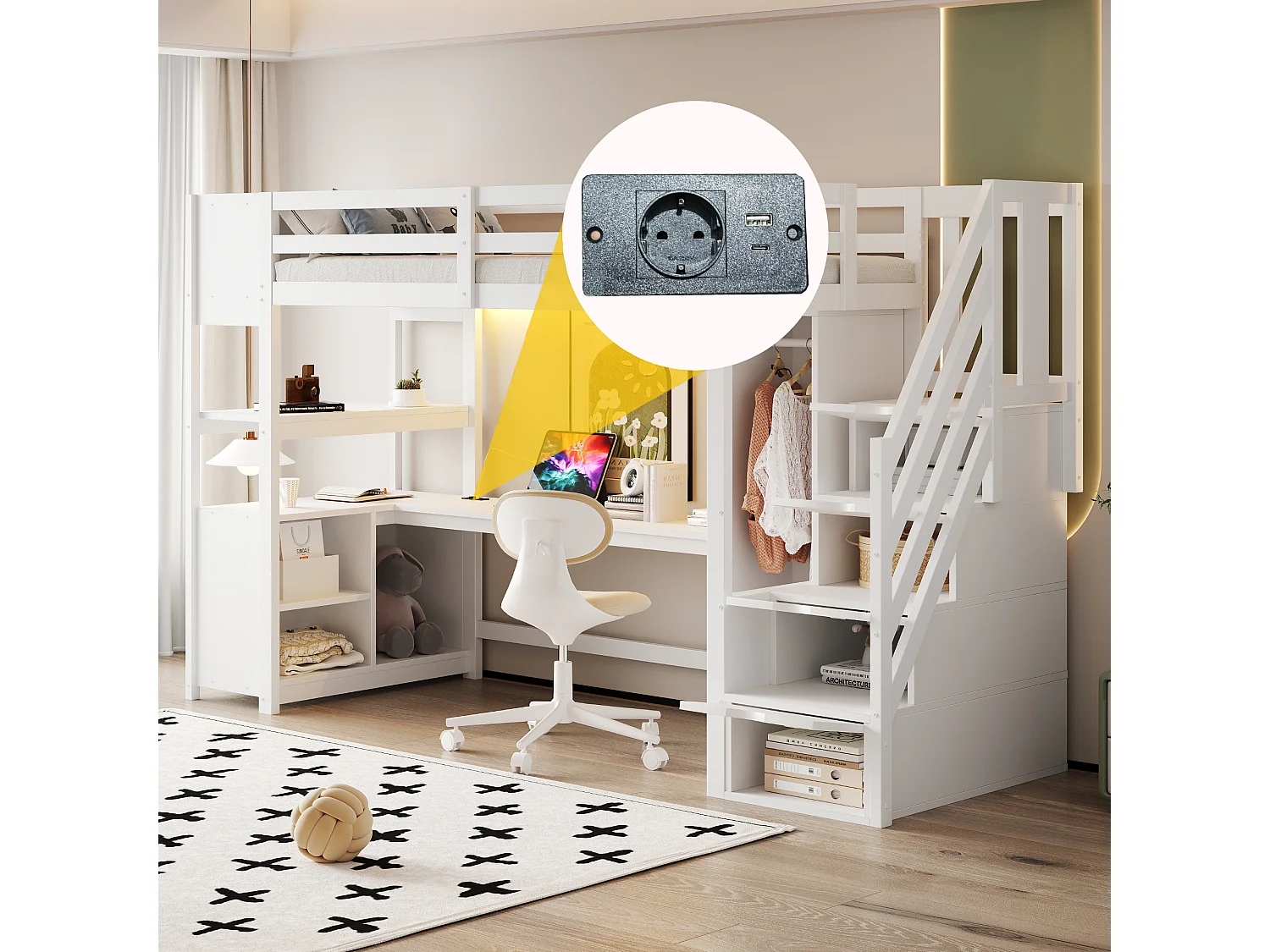 Lit mezzanine en bois enfant - 90 x 200 cm - avec armoire + bureau + armoire + étagère + escalier de rangement + Leds - blanc