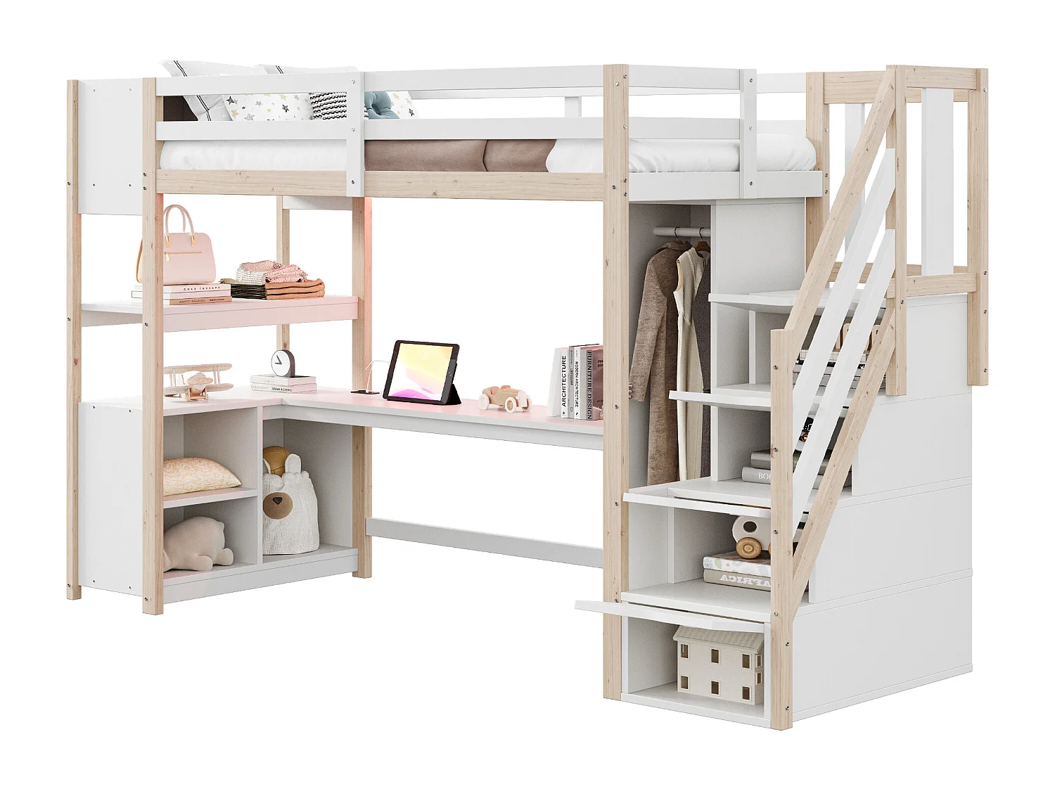 Lit mezzanine en bois enfant - 90 x 200 cm - avec armoire + bureau + armoire + étagère + escalier de rangement + Leds - blanc