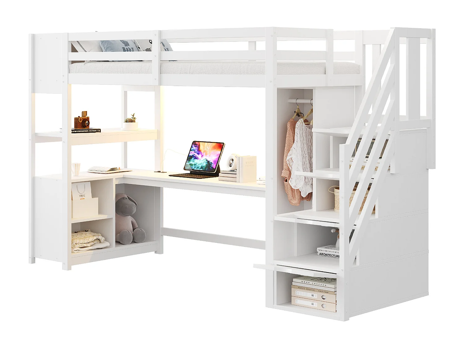 Lit mezzanine en bois enfant - 90 x 200 cm - avec armoire + bureau + armoire + étagère + escalier de rangement + Leds - blanc