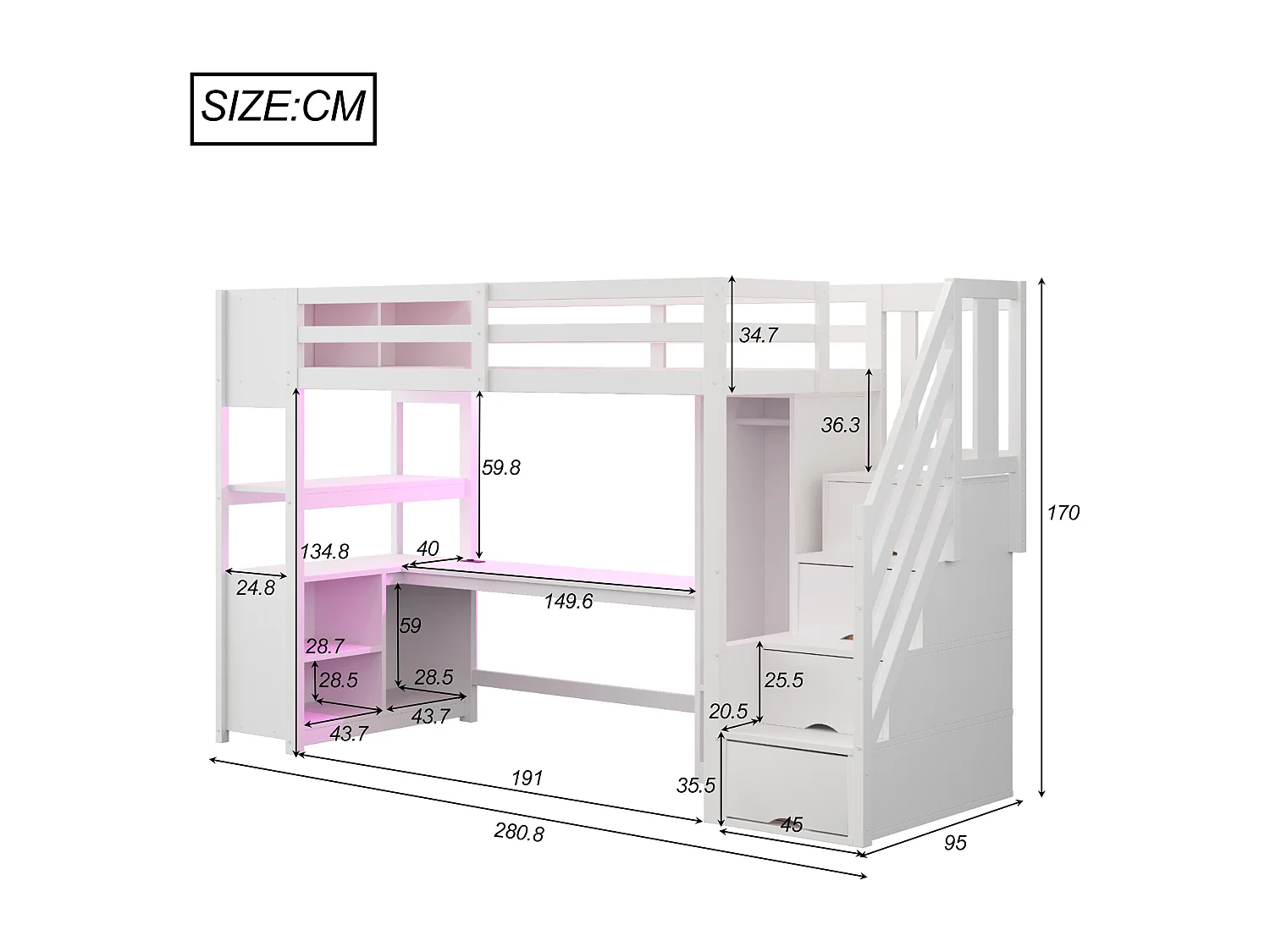 Lit mezzanine en bois enfant - 90 x 200 cm - avec armoire + bureau + armoire + étagère + escalier de rangement + Leds - blanc