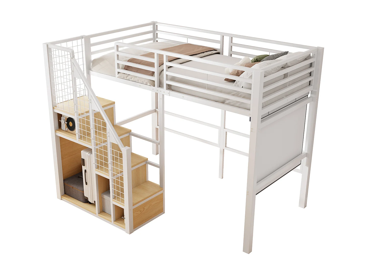 Kinderhoogslaper - 90 x 200 cm - ijzeren frame - met opbergruimte en veiligheidstrap - metaal - wit