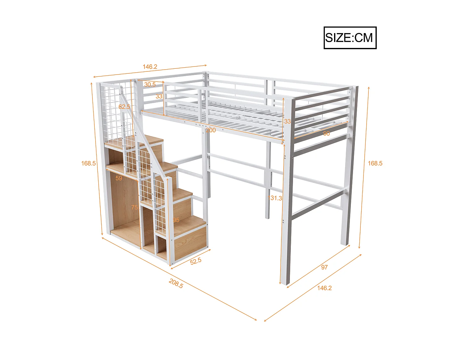 Kinderhoogslaper - 90 x 200 cm - ijzeren frame - met opbergruimte en veiligheidstrap - metaal - wit