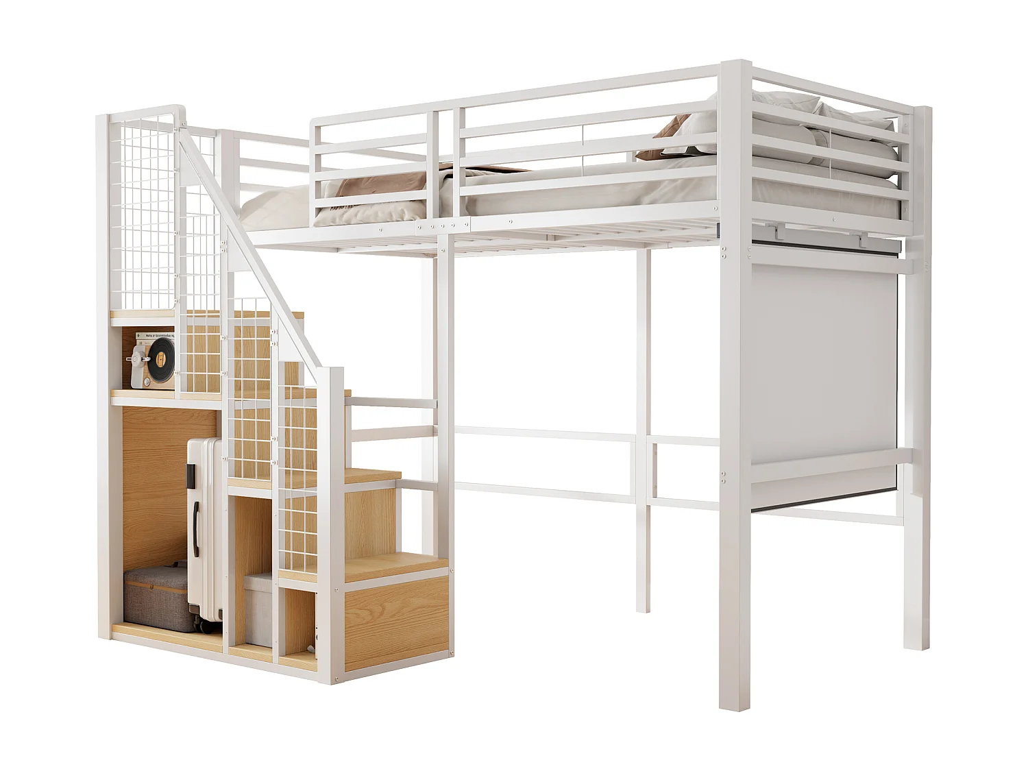 Kinderhoogslaper - 90 x 200 cm - ijzeren frame - met opbergruimte en veiligheidstrap - metaal - wit