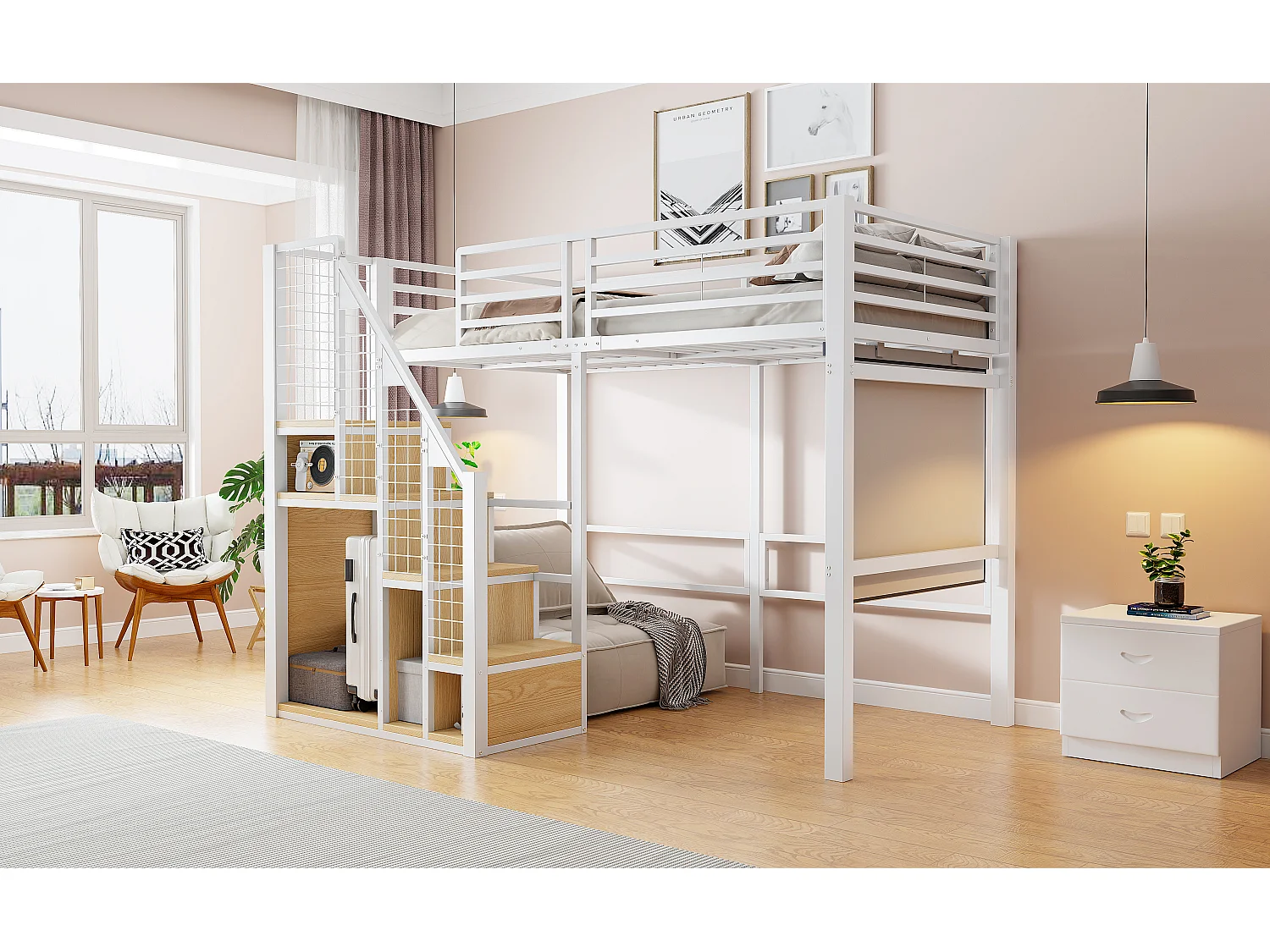 Kinderhoogslaper - 90 x 200 cm - ijzeren frame - met opbergruimte en veiligheidstrap - metaal - wit