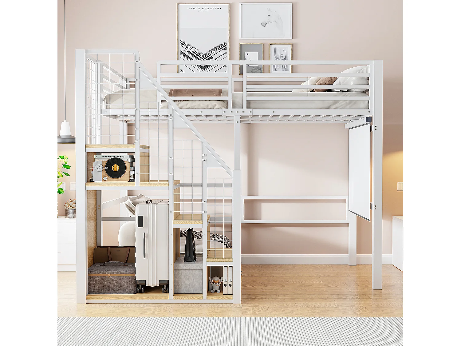 Kinderhoogslaper - 90 x 200 cm - ijzeren frame - met opbergruimte en veiligheidstrap - metaal - wit