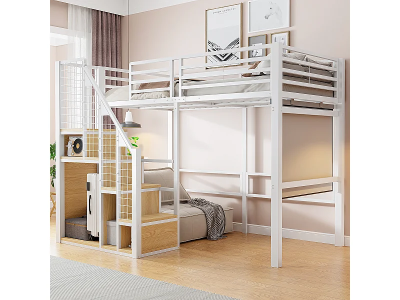 Kinderhoogslaper - 90 x 200 cm - ijzeren frame - met opbergruimte en veiligheidstrap - metaal - wit