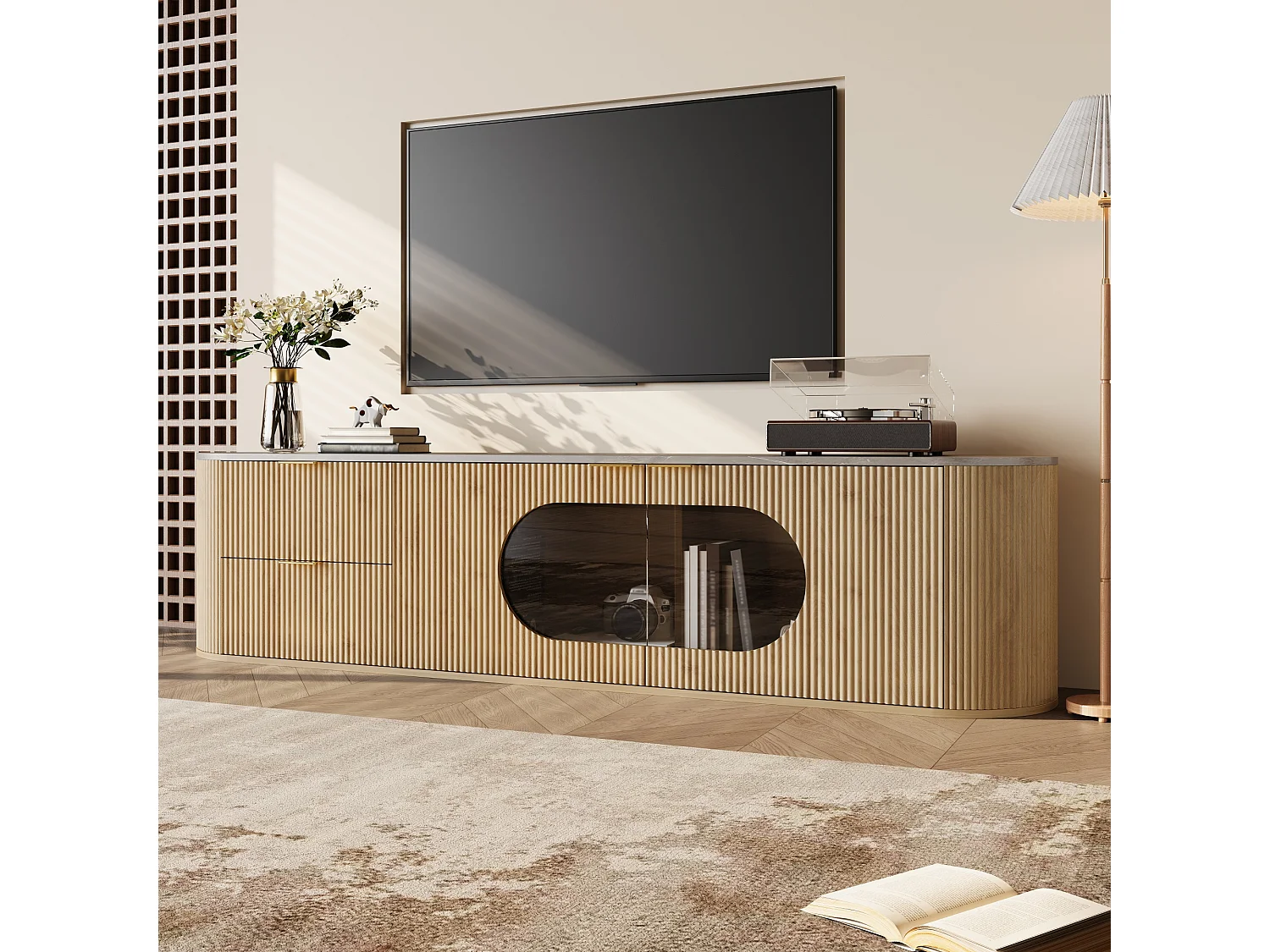 Meuble TV moderne et minimaliste aspect bois - 172 x 38 x 45.5 cm - avec 2 portes en verre + 2 tiroirs - MDF + verre - naturel clair