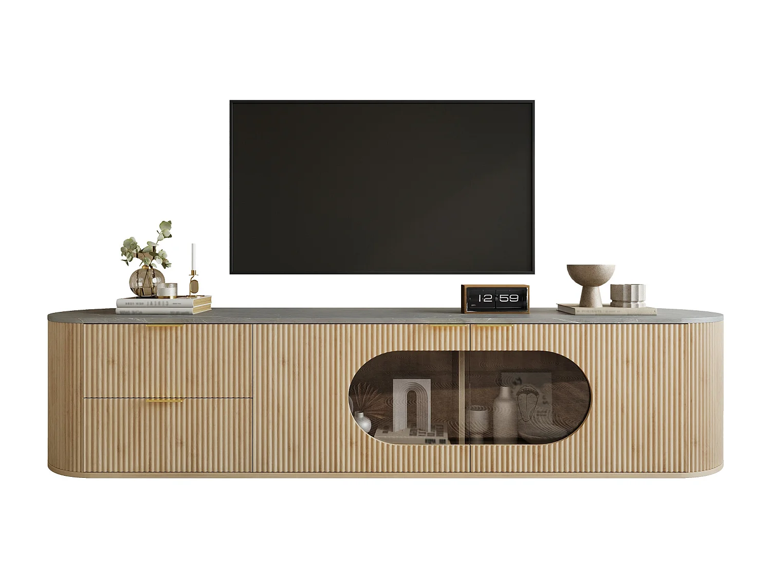 Meuble TV moderne et minimaliste aspect bois - 172 x 38 x 45.5 cm - avec 2 portes en verre + 2 tiroirs - MDF + verre - naturel clair
