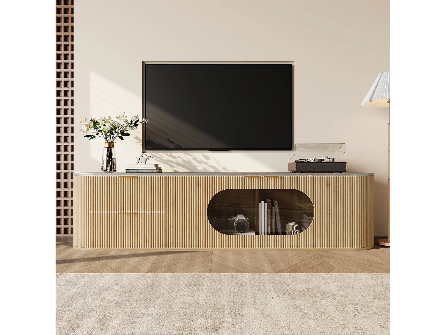 Meuble TV moderne et minimaliste aspect bois - 172 x 38 x 45.5 cm - avec 2 portes en verre + 2 tiroirs - MDF + verre - naturel clair