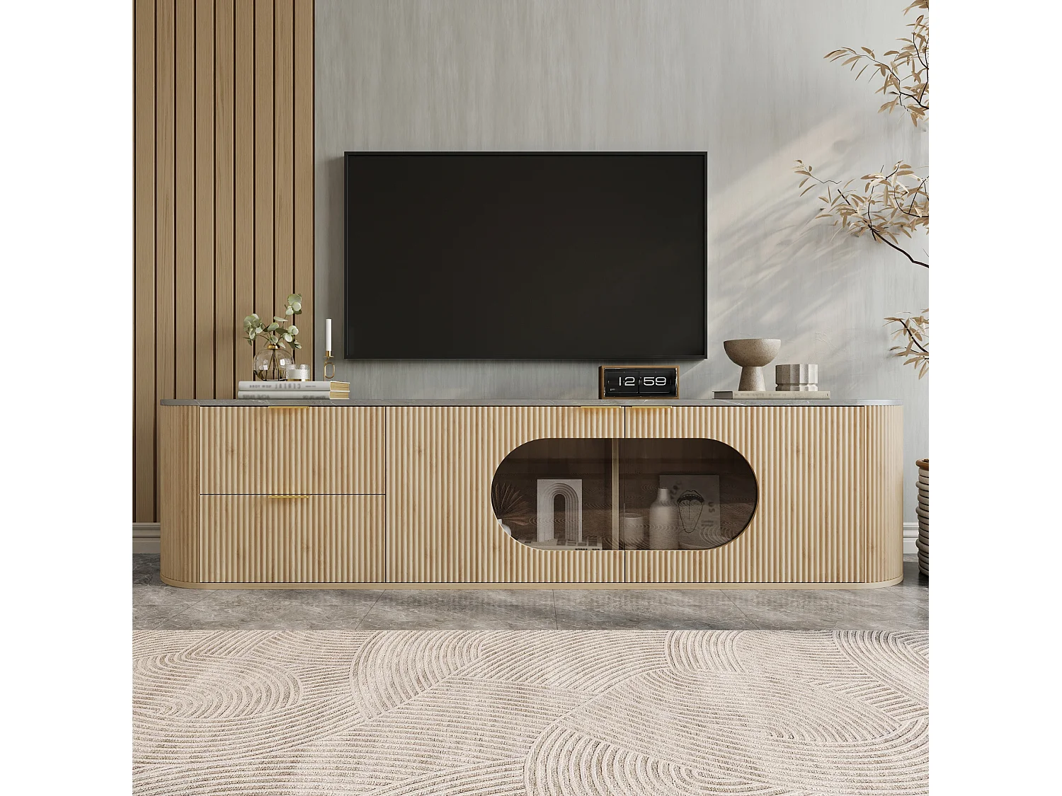 Meuble TV moderne et minimaliste aspect bois - 172 x 38 x 45.5 cm - avec 2 portes en verre + 2 tiroirs - MDF + verre - naturel clair