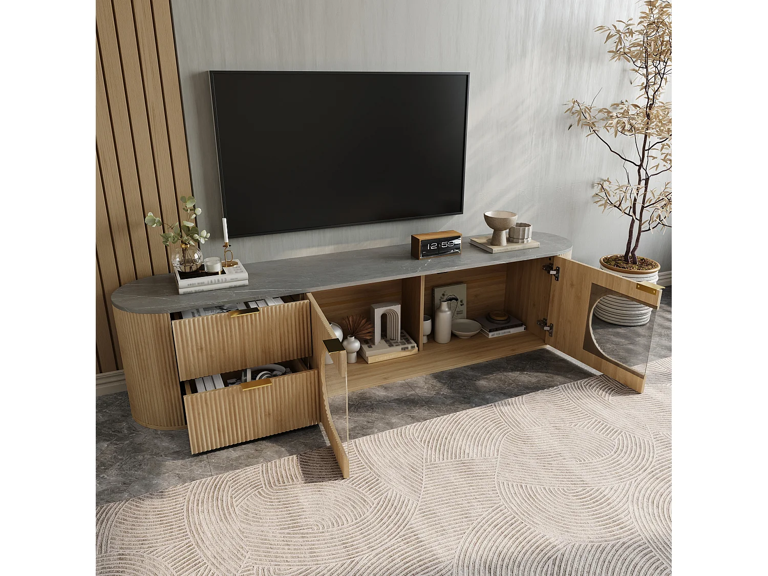 Meuble TV moderne et minimaliste aspect bois - 172 x 38 x 45.5 cm - avec 2 portes en verre + 2 tiroirs - MDF + verre - naturel clair