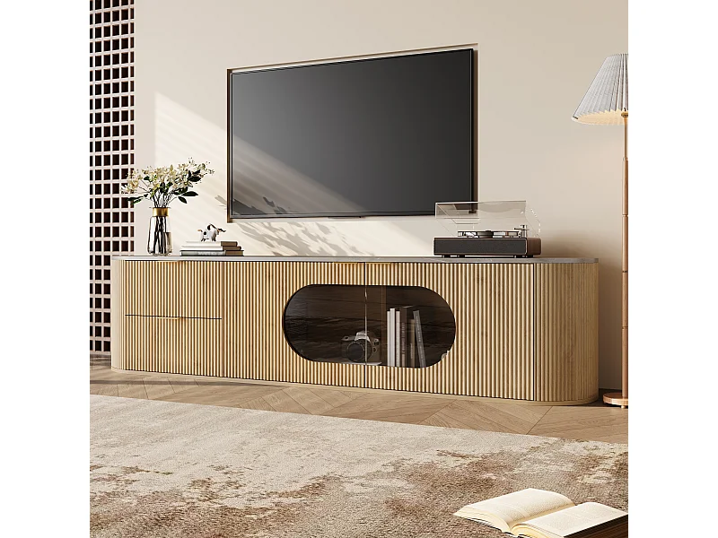 Meuble TV moderne et minimaliste aspect bois - 172 x 38 x 45.5 cm - avec 2 portes en verre + 2 tiroirs - MDF + verre - naturel clair