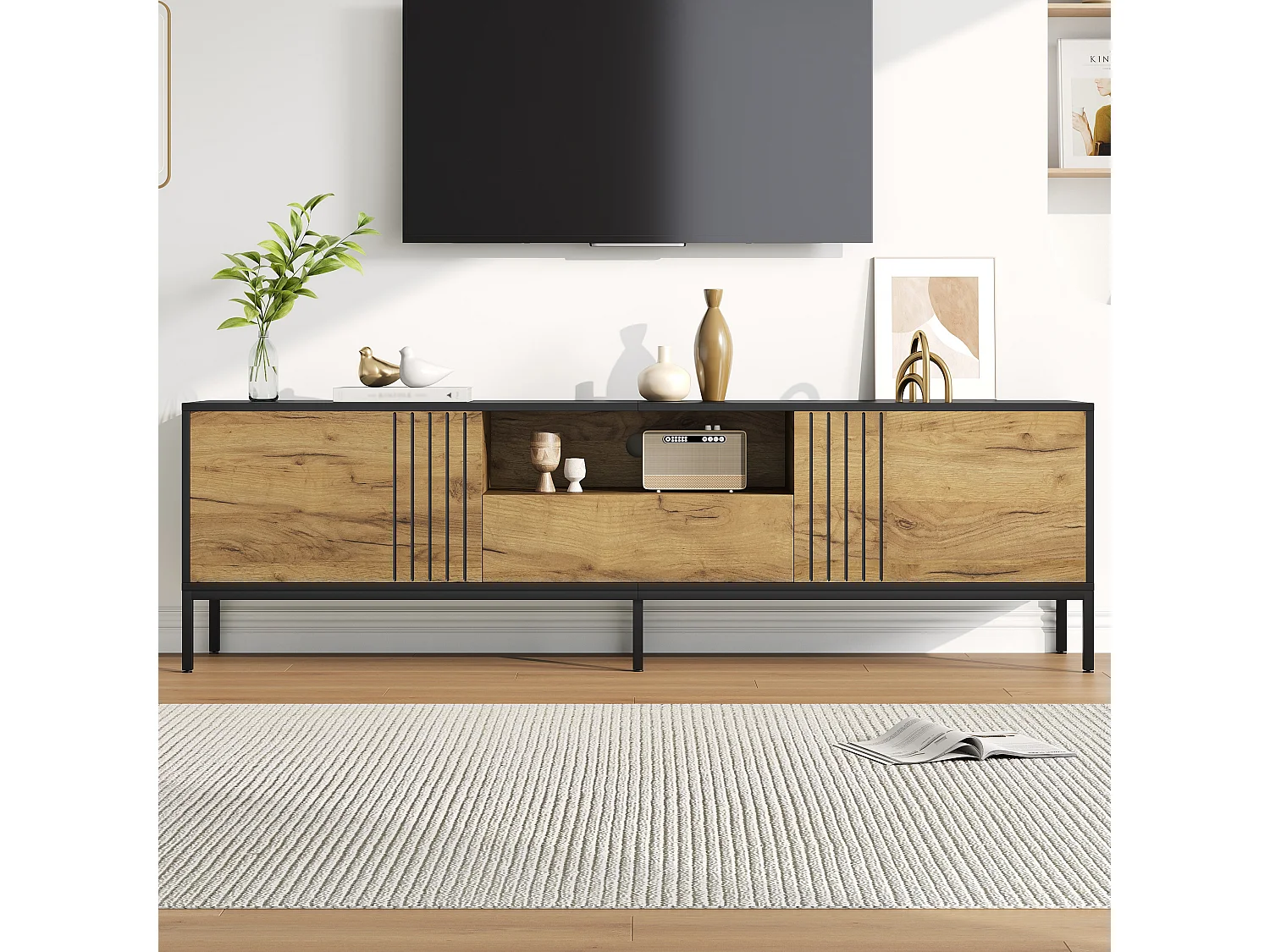 Meuble TV de salon - 170 x 35 x 50 cm - avec 2 portes + 1 tiroir - pour TV jusqu'à 70 pouces - aggloméré - naturel