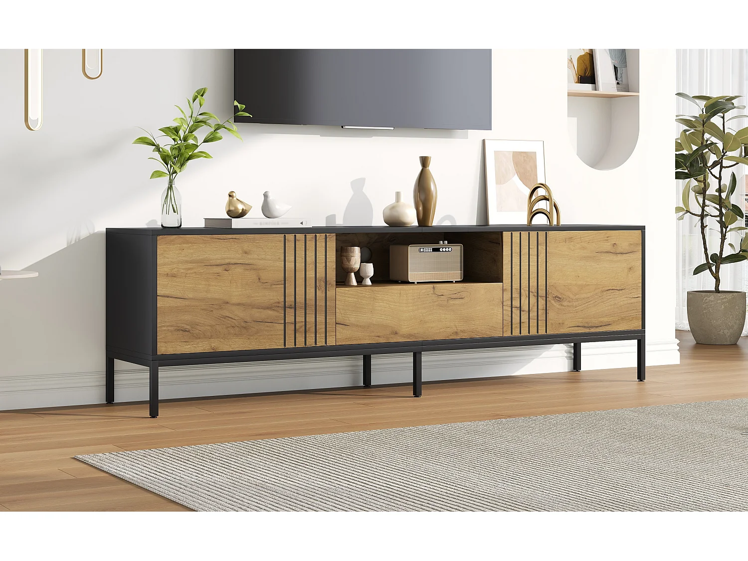 Meuble TV de salon - 170 x 35 x 50 cm - avec 2 portes + 1 tiroir - pour TV jusqu'à 70 pouces - aggloméré - naturel