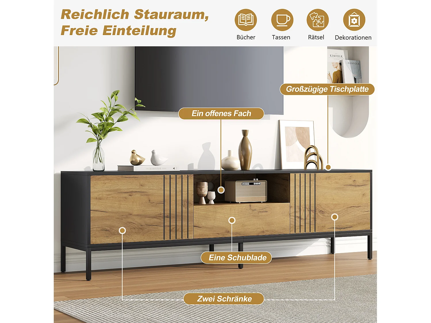 Meuble TV de salon - 170 x 35 x 50 cm - avec 2 portes + 1 tiroir - pour TV jusqu'à 70 pouces - aggloméré - naturel