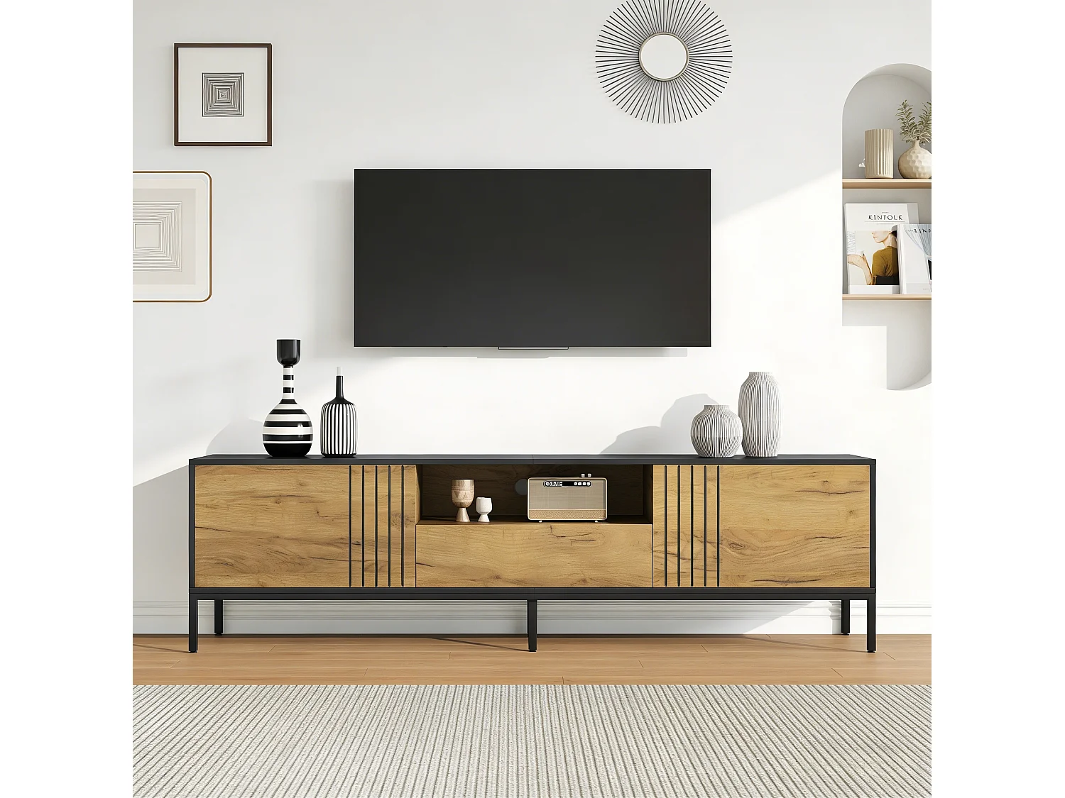 Meuble TV de salon - 170 x 35 x 50 cm - avec 2 portes + 1 tiroir - pour TV jusqu'à 70 pouces - aggloméré - naturel