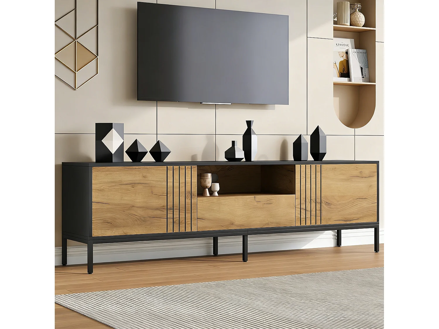 Meuble TV de salon - 170 x 35 x 50 cm - avec 2 portes + 1 tiroir - pour TV jusqu'à 70 pouces - aggloméré - naturel