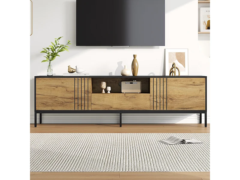 Meuble TV de salon - 170 x 35 x 50 cm - avec 2 portes + 1 tiroir - pour TV jusqu'à 70 pouces - aggloméré - naturel