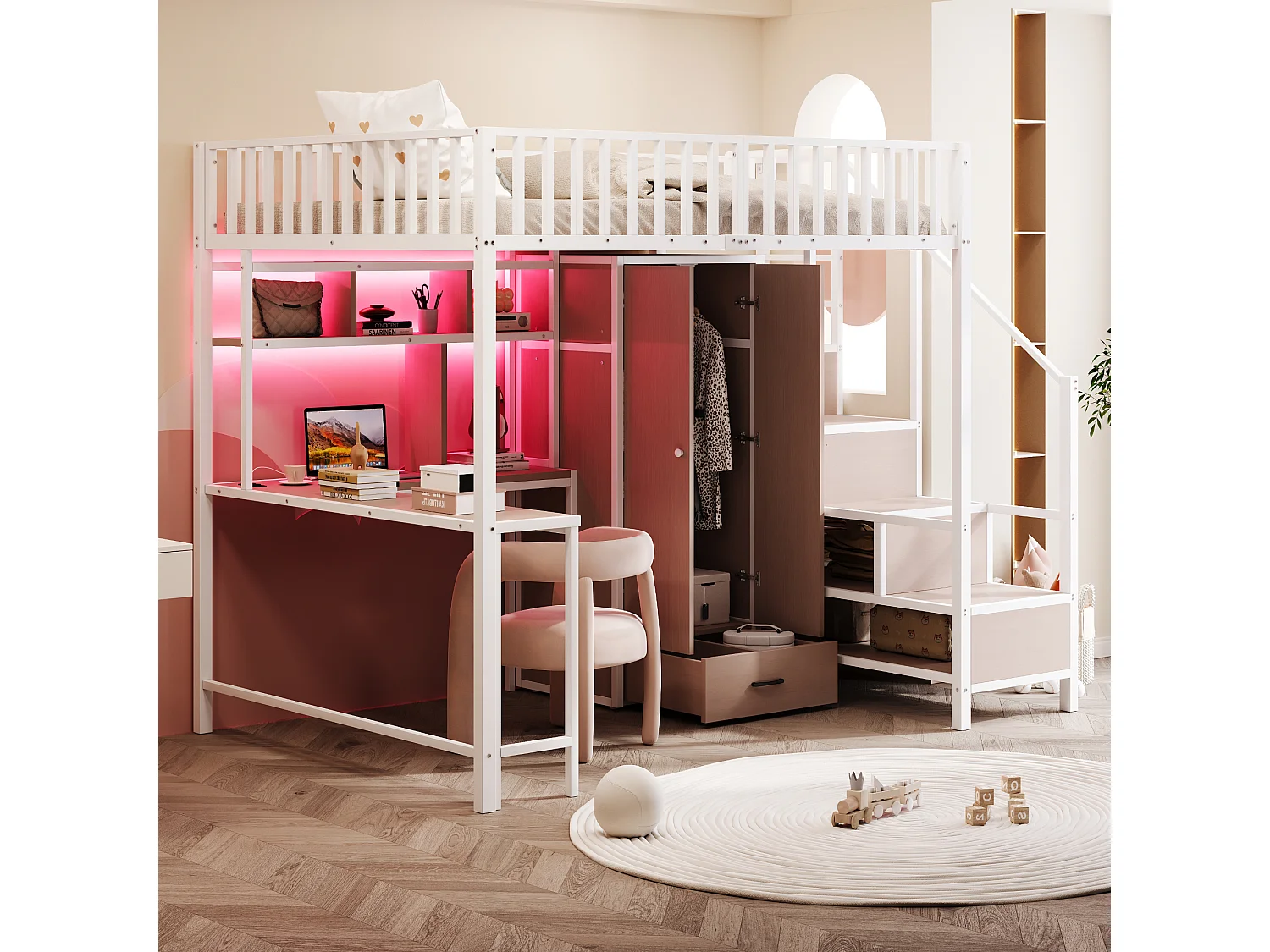 Metalen hoogslaper voor kinderen - 140 x 200 cm - met bureau + plank + kledingkast + lade + opbergtrap + ledverlichting - wit