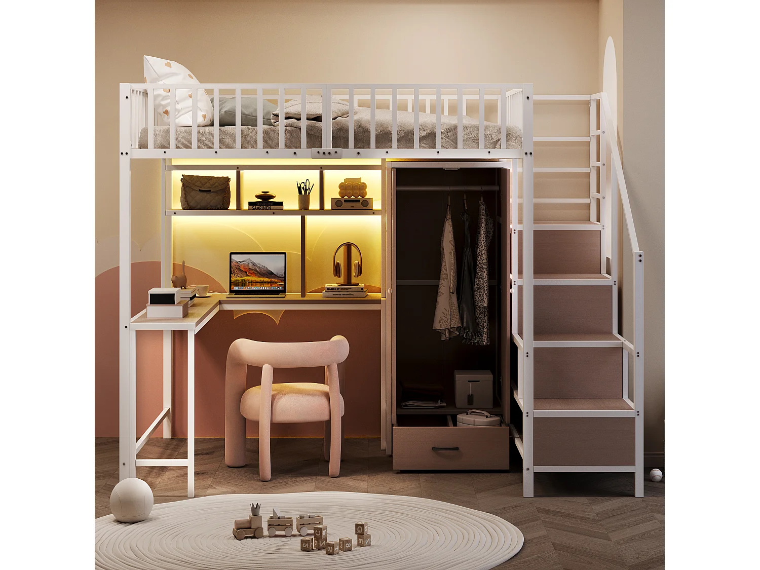 Metalen hoogslaper voor kinderen - 140 x 200 cm - met bureau + plank + kledingkast + lade + opbergtrap + ledverlichting - wit