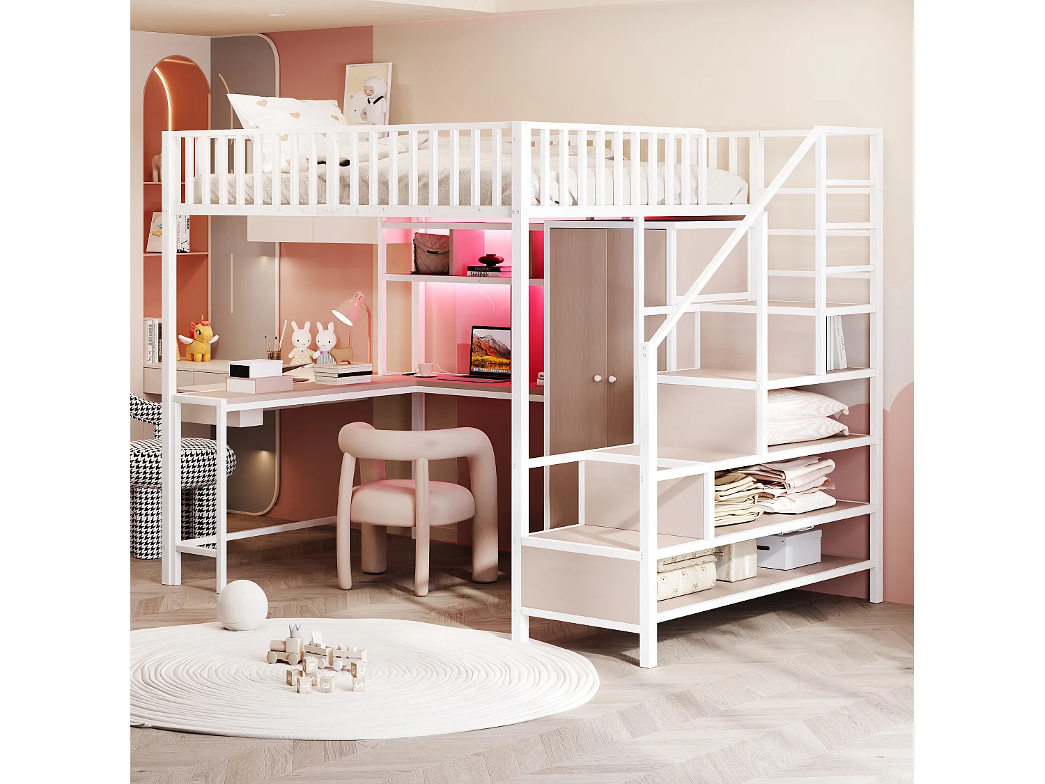 Metalen hoogslaper voor kinderen - 140 x 200 cm - met bureau + plank + kledingkast + lade + opbergtrap + ledverlichting - wit