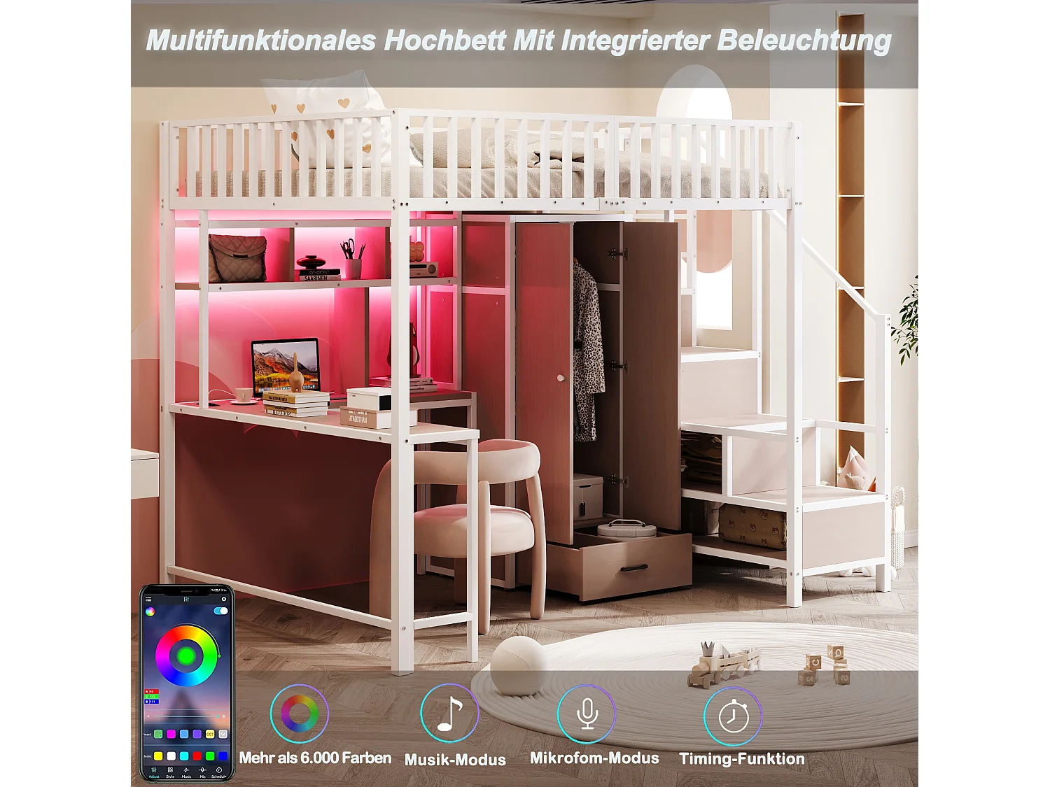 Metalen hoogslaper voor kinderen - 140 x 200 cm - met bureau + plank + kledingkast + lade + opbergtrap + ledverlichting - wit