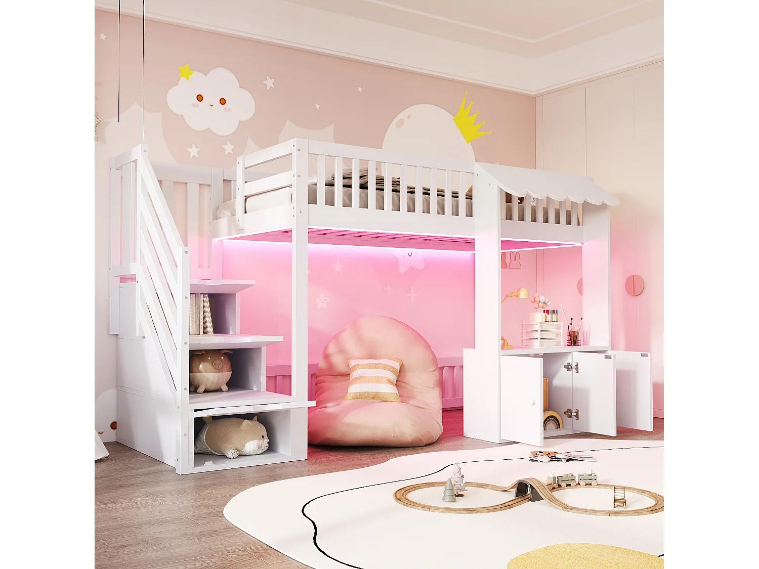 Hochbett aus Holz für Kinder – 90 x 200 cm – mit Treppe mit Stauraum + LED-Beleuchtung + 2 Schränken – weiß