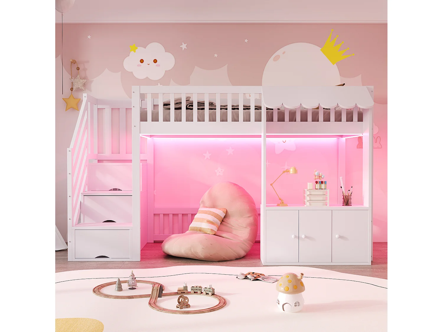 Hochbett aus Holz für Kinder – 90 x 200 cm – mit Treppe mit Stauraum + LED-Beleuchtung + 2 Schränken – weiß