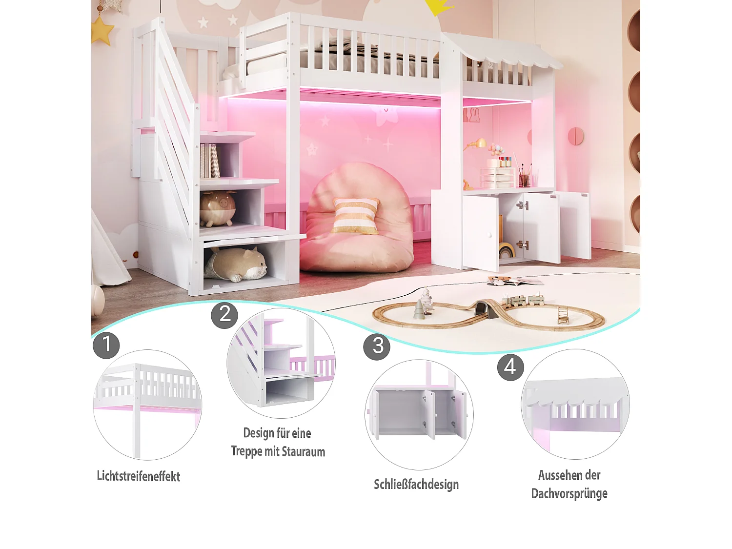 Hochbett aus Holz für Kinder – 90 x 200 cm – mit Treppe mit Stauraum + LED-Beleuchtung + 2 Schränken – weiß