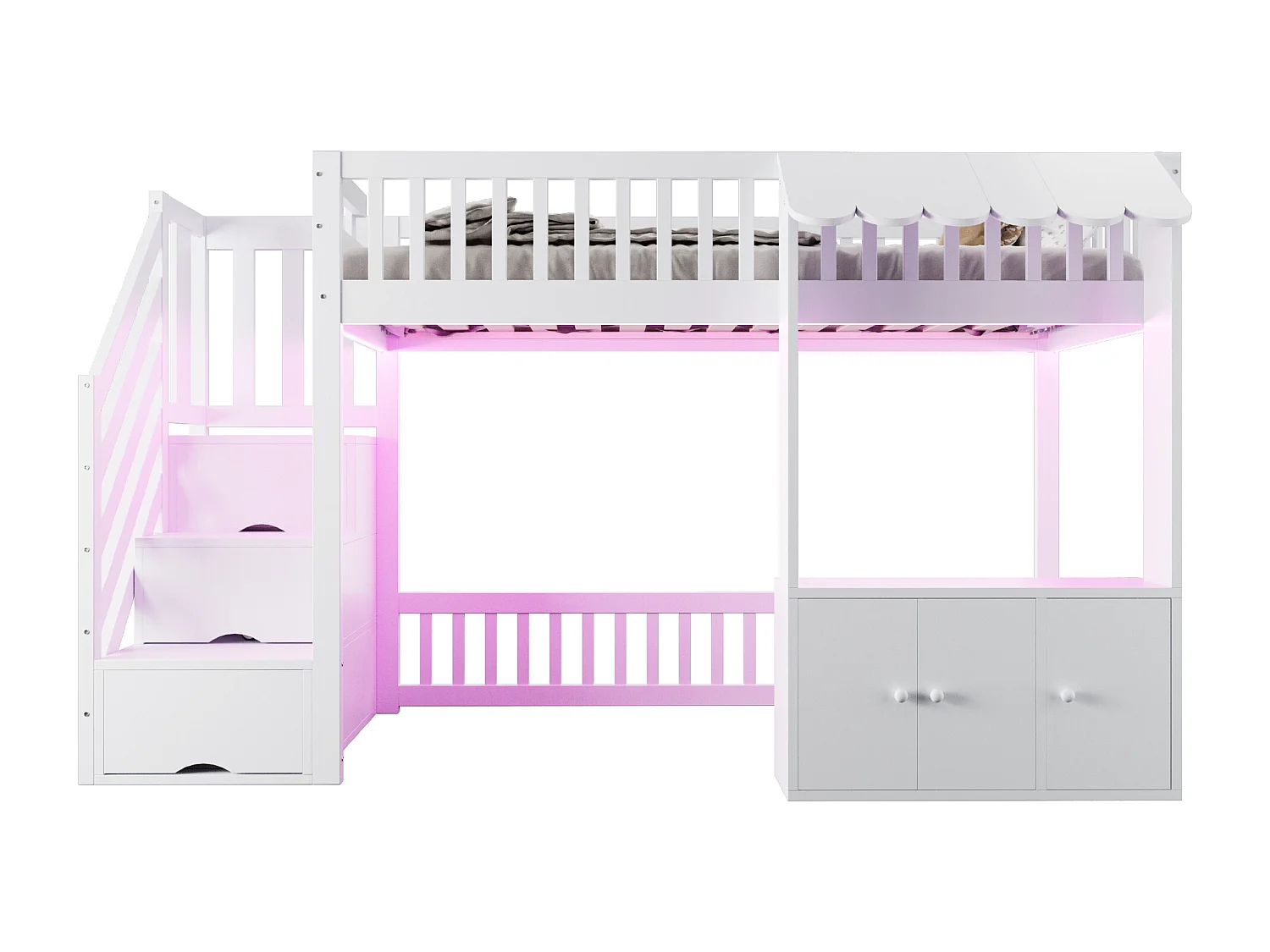 Hochbett aus Holz für Kinder – 90 x 200 cm – mit Treppe mit Stauraum + LED-Beleuchtung + 2 Schränken – weiß