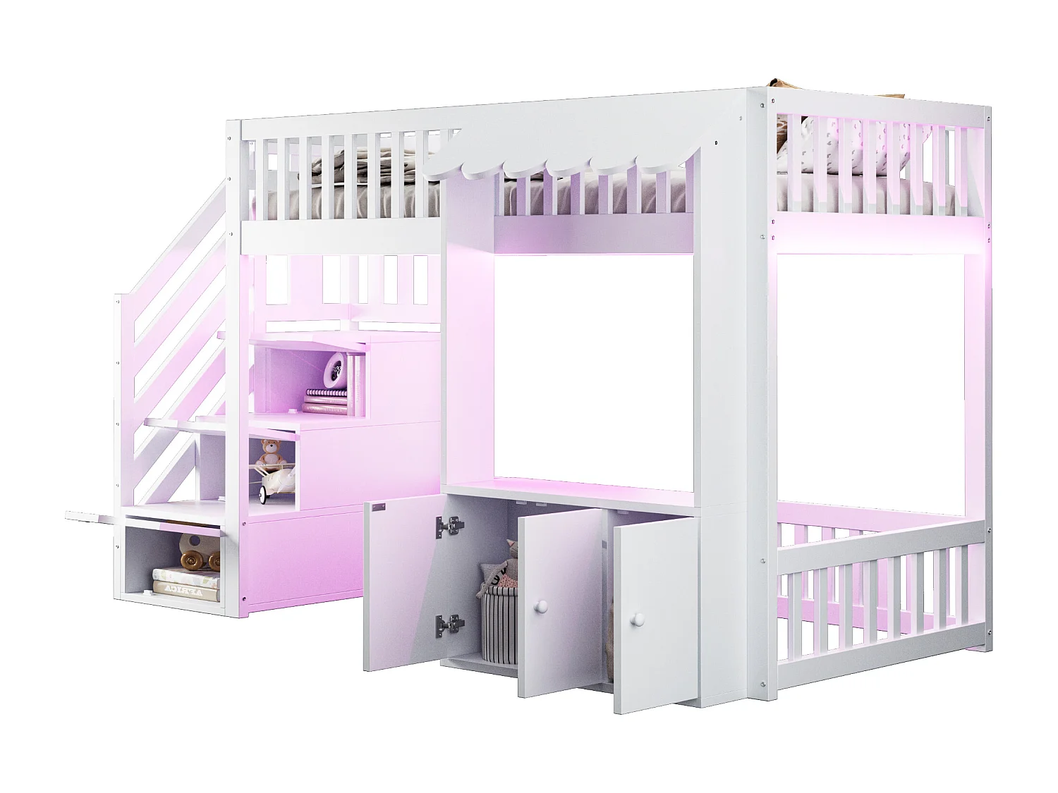 Hochbett aus Holz für Kinder – 90 x 200 cm – mit Treppe mit Stauraum + LED-Beleuchtung + 2 Schränken – weiß