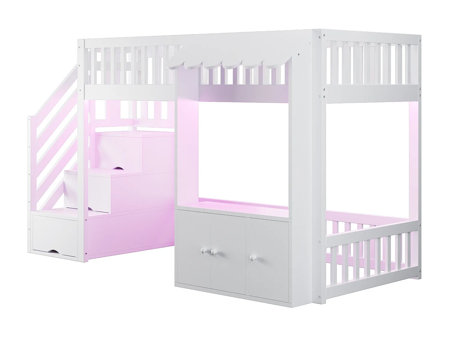 Hochbett aus Holz für Kinder – 90 x 200 cm – mit Treppe mit Stauraum + LED-Beleuchtung + 2 Schränken – weiß