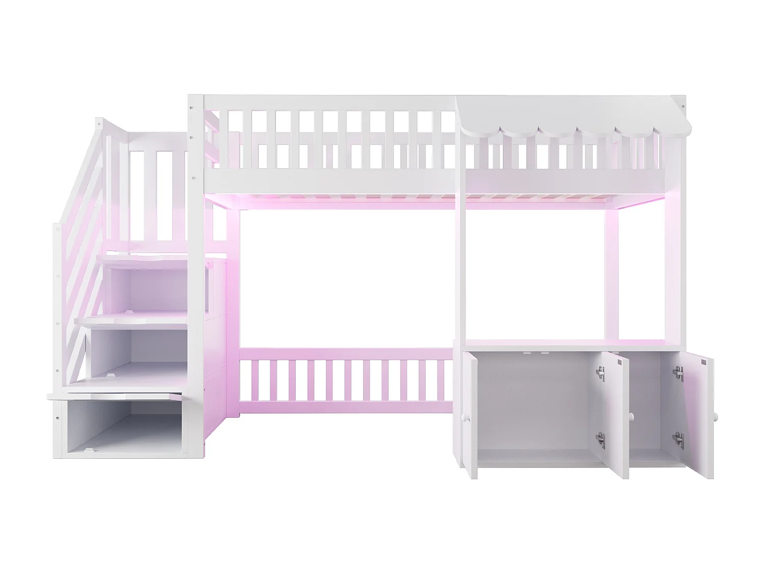 Hochbett aus Holz für Kinder – 90 x 200 cm – mit Treppe mit Stauraum + LED-Beleuchtung + 2 Schränken – weiß