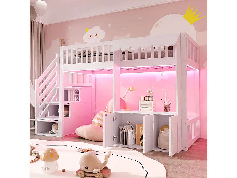 Lit mezzanine en bois pour efant - 90 x 200 cm - avec escalier de rangement + Leds + 2 casiers - blanc