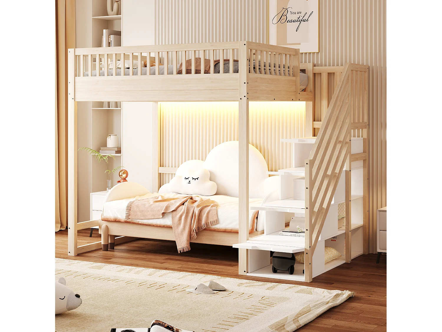 Cama alta infantil - 140 x 200 cm - con escalera de almacenaje + barandilla de seguridad + LED - madera - natural