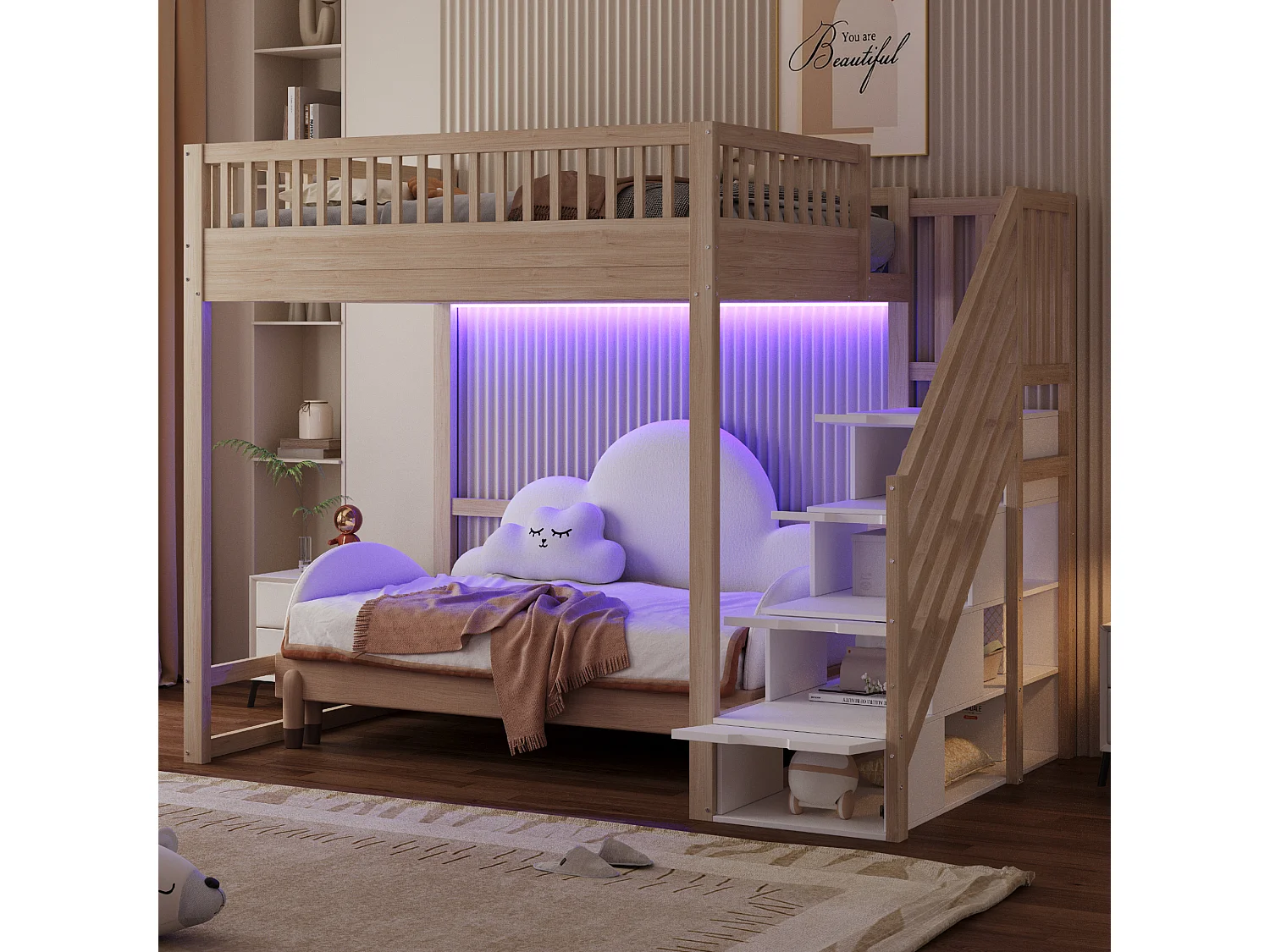 Cama alta infantil - 140 x 200 cm - con escalera de almacenaje + barandilla de seguridad + LED - madera - natural