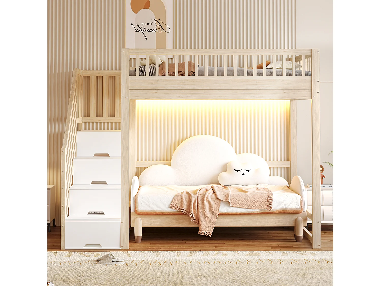 Cama alta infantil - 140 x 200 cm - con escalera de almacenaje + barandilla de seguridad + LED - madera - natural