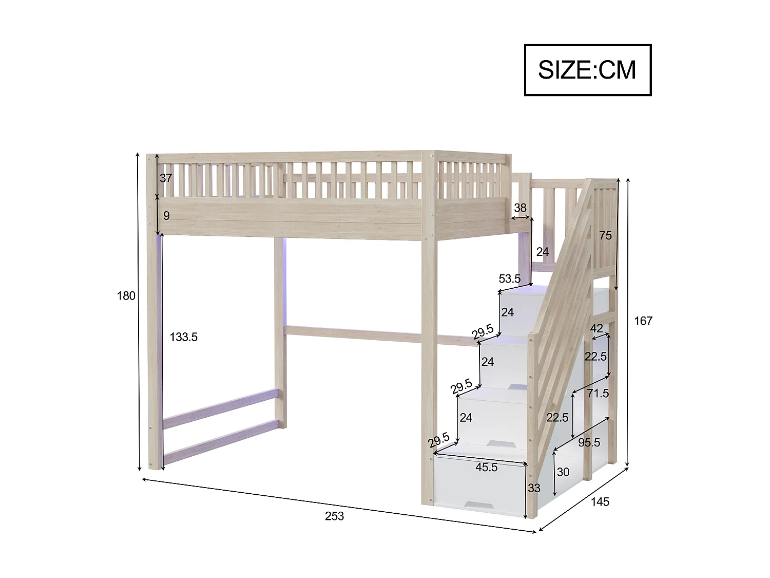 Cama alta infantil - 140 x 200 cm - con escalera de almacenaje + barandilla de seguridad + LED - madera - natural