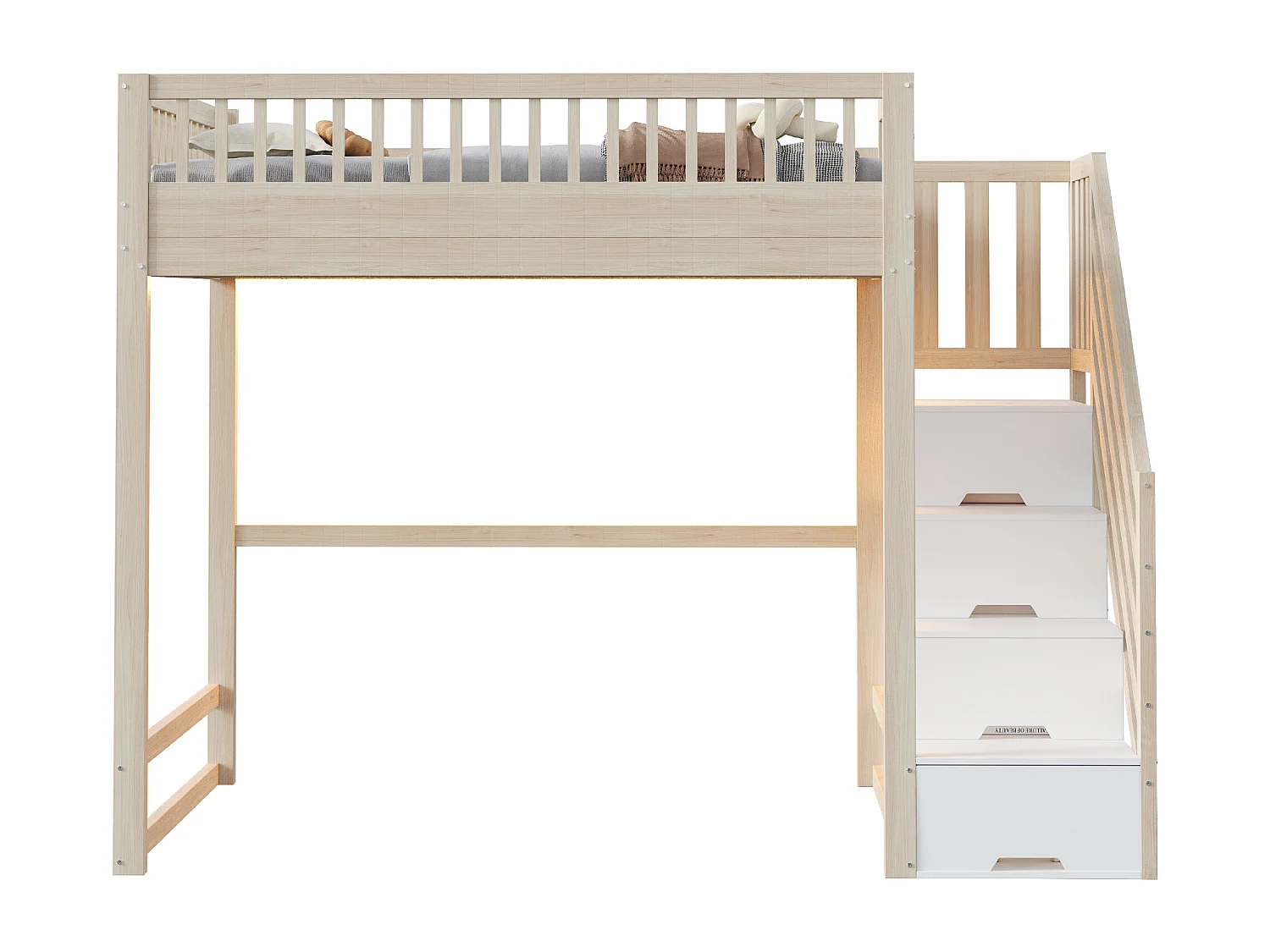 Cama alta infantil - 140 x 200 cm - con escalera de almacenaje + barandilla de seguridad + LED - madera - natural
