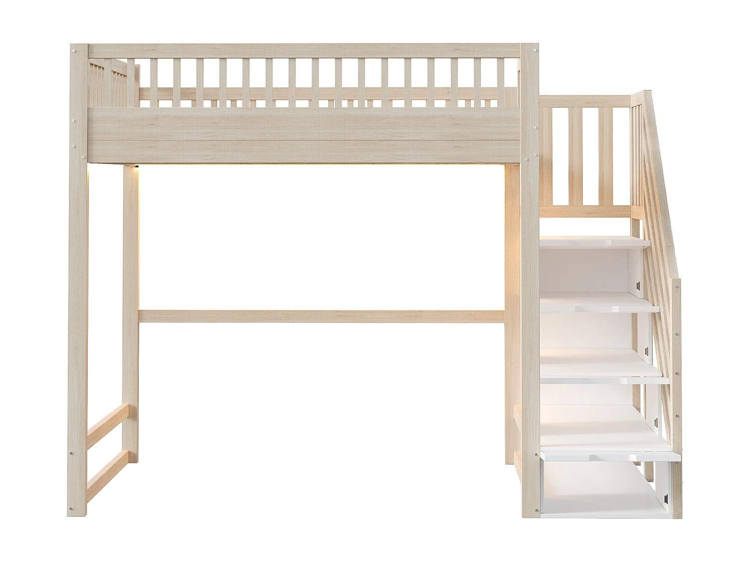Cama alta infantil - 140 x 200 cm - con escalera de almacenaje + barandilla de seguridad + LED - madera - natural