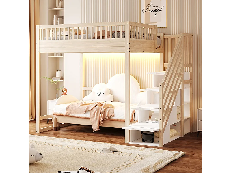 Lit mezzanine pour enfant - 140 x 200 cm - avec échelle de rangement + barrière de sécurité + Leds - bois - naturel