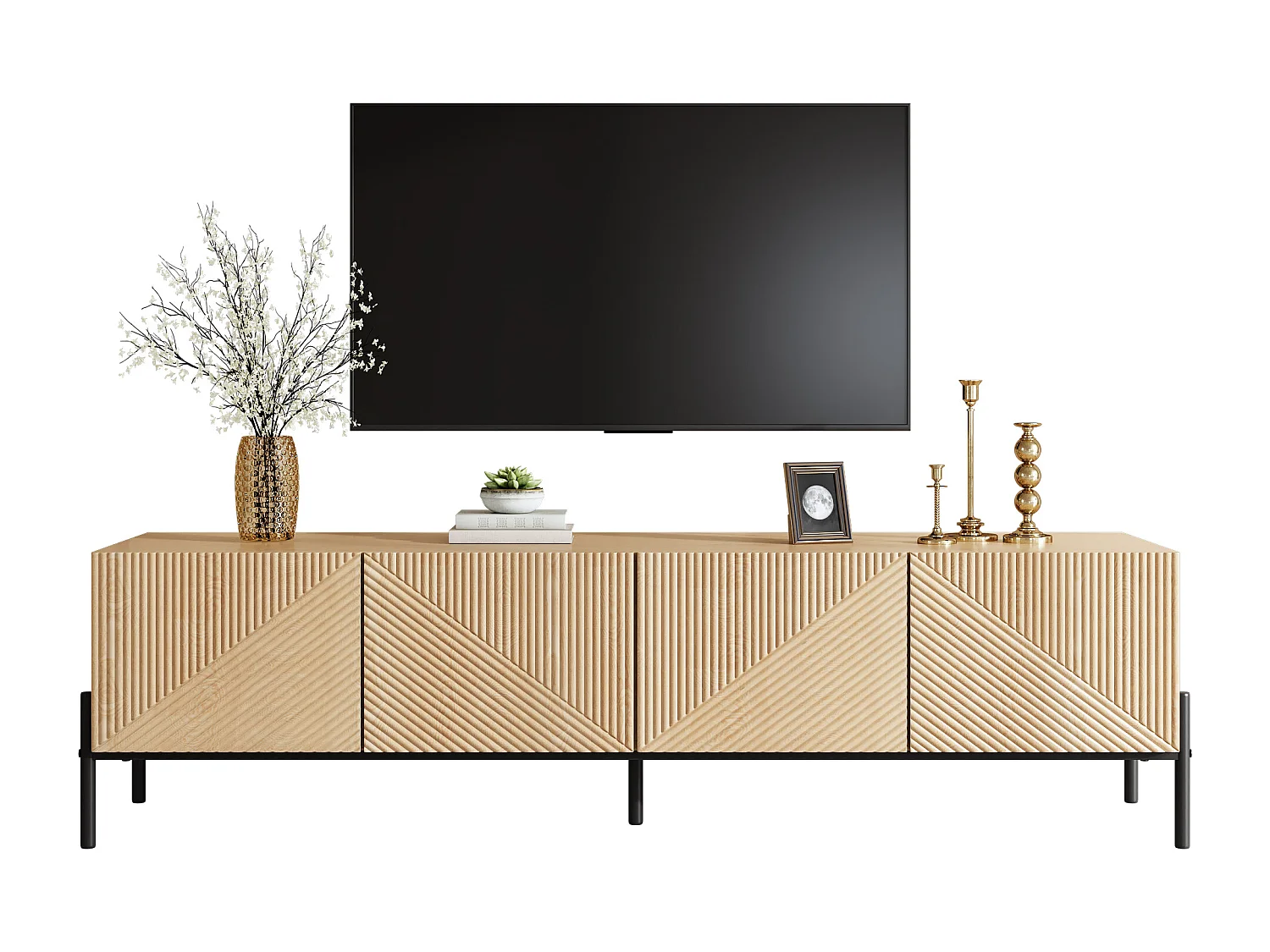 Meuble TV moderne - 163.5 x 40 x 45 cm - avec 4 portes - design géométrique et texture 3D - MDF - naturel